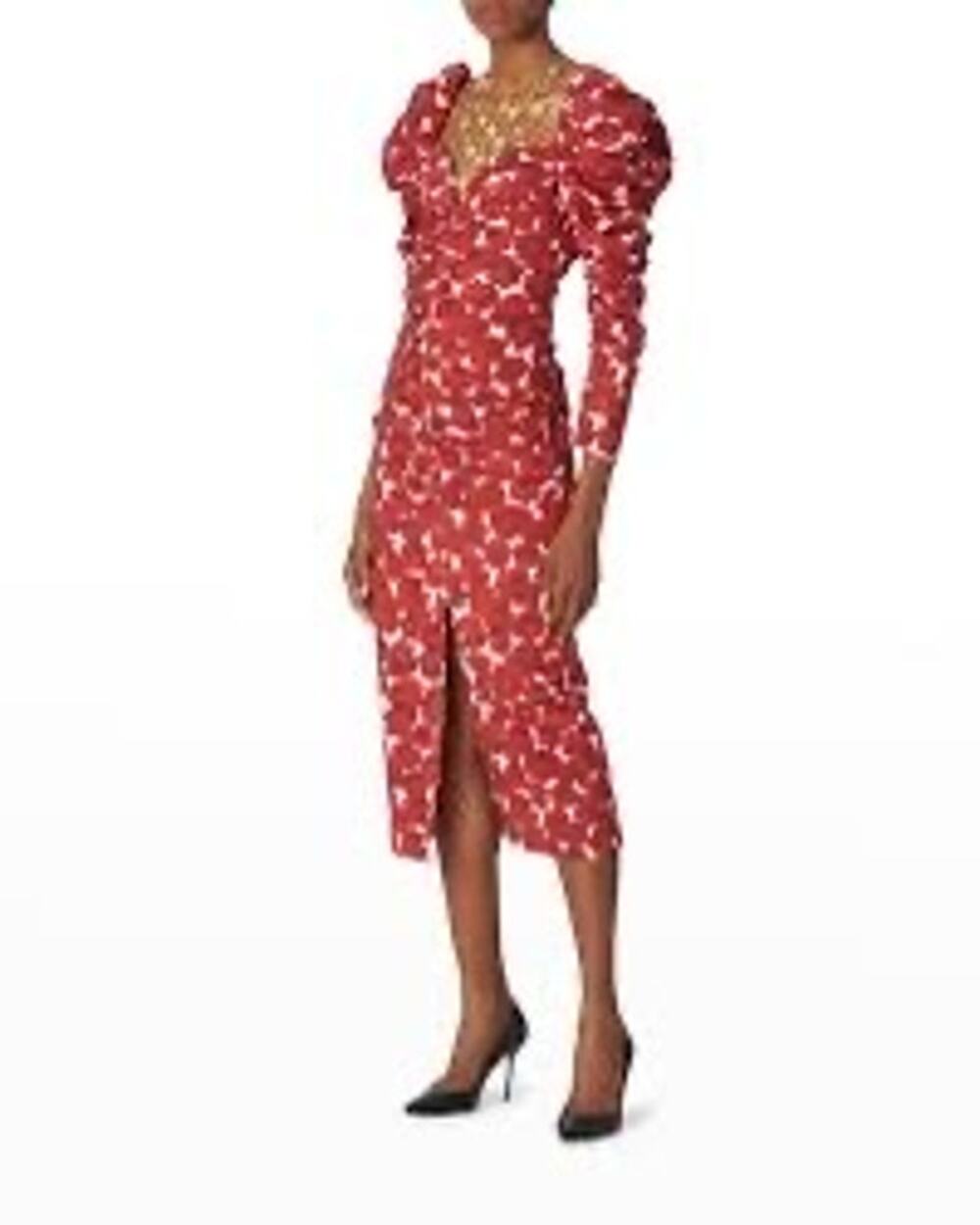Carolina Herrera Rose Print Puff Sleeve Ruched Midi Dress Cotton Size 6
